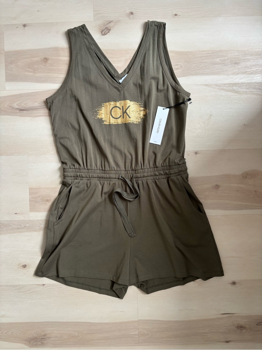 Calvin Klein Olive Green Sleeveless Logo Romper with Gold Print